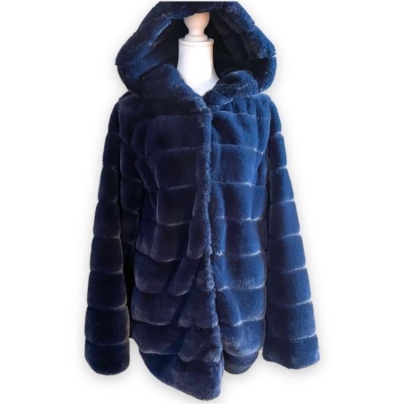Laundry By Shelli Segal Hooded Faux Fur Coat In Color Blue Size Large - Picture 3 of 9